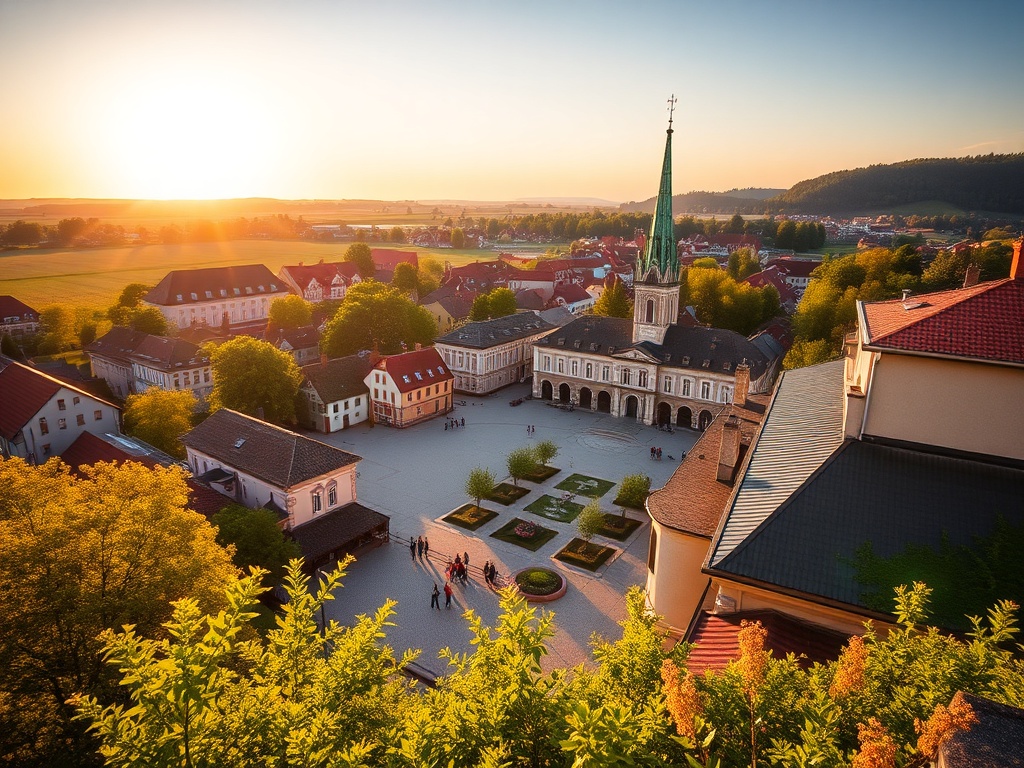 Widok na Rawę Mazowiecką podczas wiosennego dnia, z zazielenionymi parkami i rynkiem miejskim w tle.