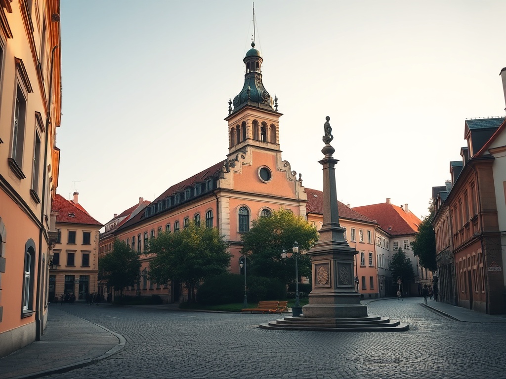 Panorama miasta Rawa Mazowiecka z widokiem na zabytkowe budynki i rzekę.